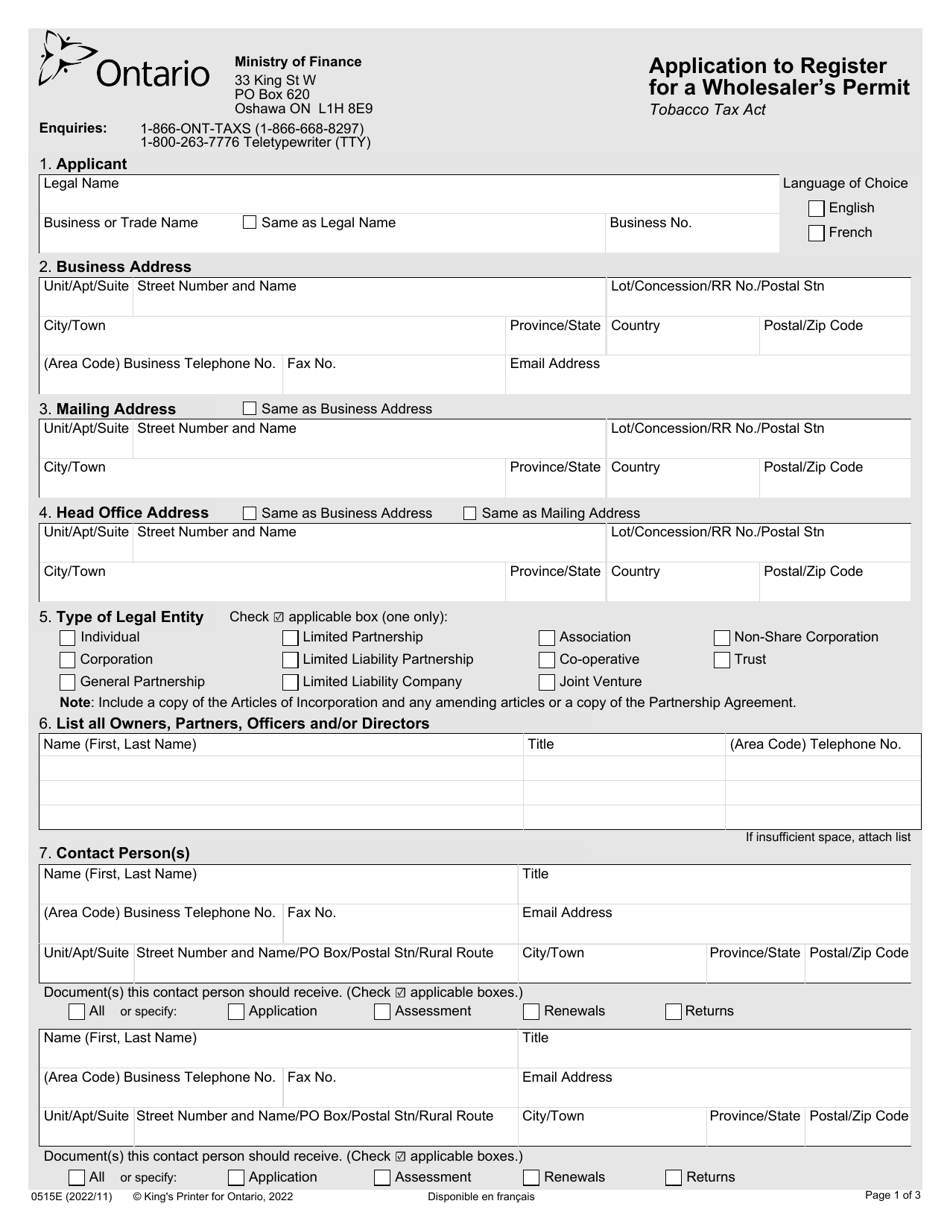 Form 0515E Application to Register for a Wholesalers Permit - Ontario, Canada, Page 1