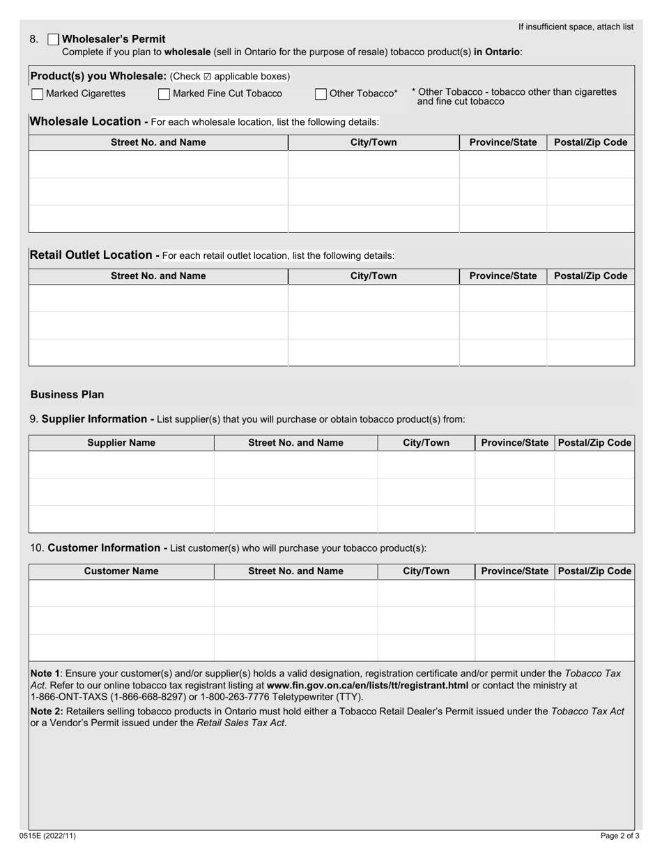 Form 0515E Application to Register for a Wholesalers Permit - Ontario, Canada, Page 2