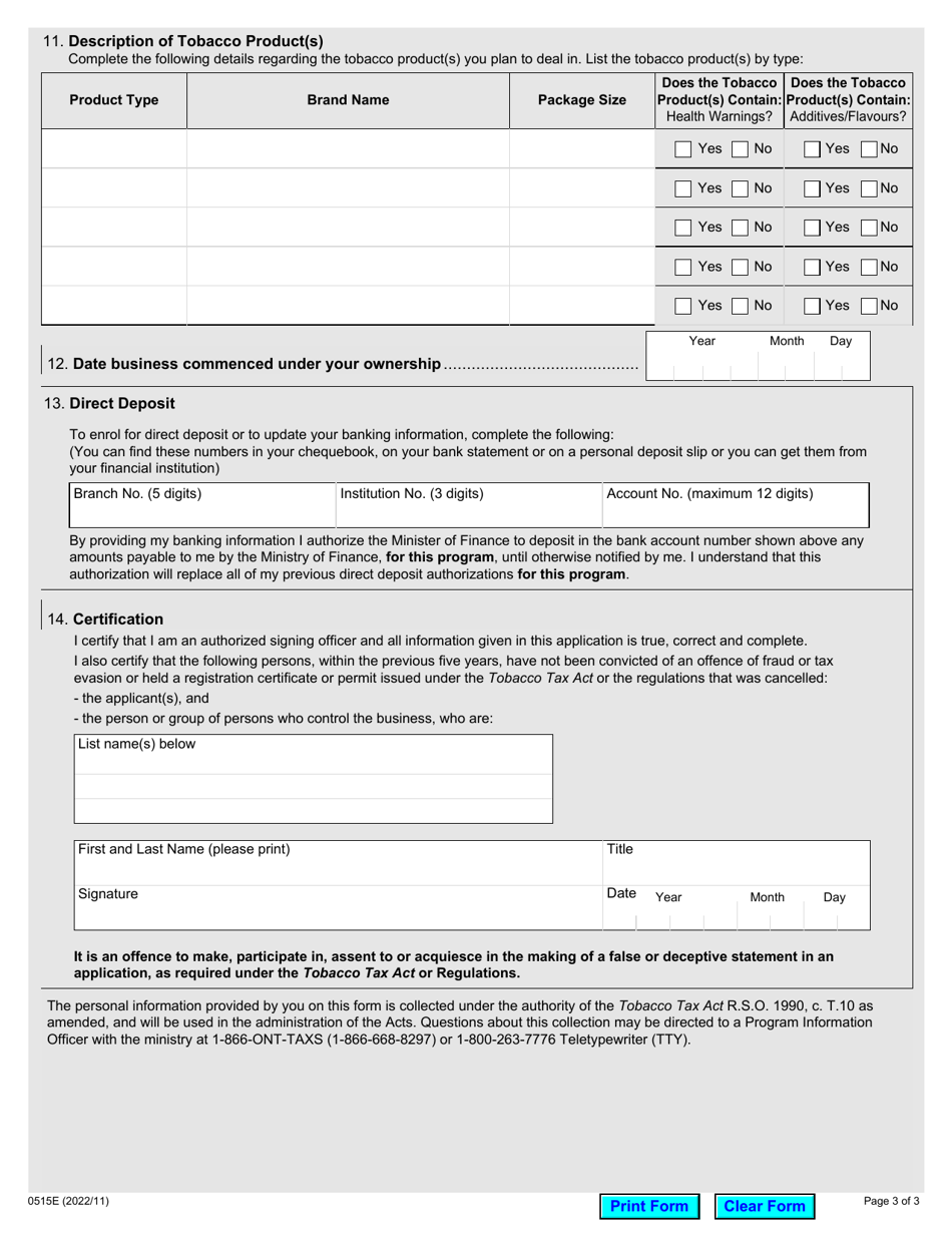 Form 0515E Application to Register for a Wholesalers Permit - Ontario, Canada, Page 3