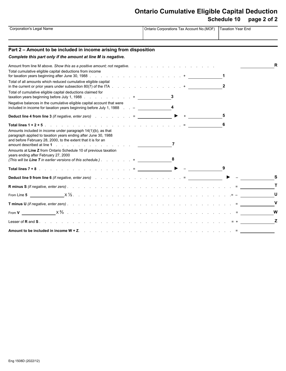 Form 1508D Schedule 10 Ontario Cumulative Eligible Capital Deduction Schedule - Ontario, Canada, Page 2