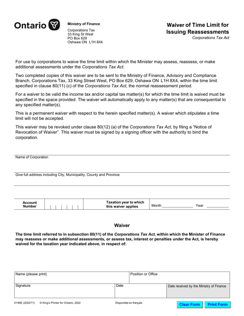 Form 0146E Waiver of Time Limit for Issuing Reassessments - Ontario, Canada