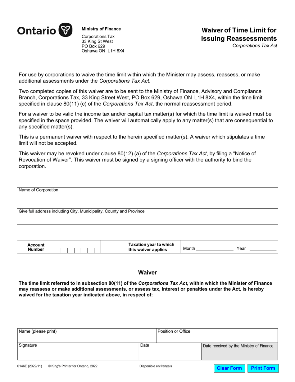 Form 0146E Waiver of Time Limit for Issuing Reassessments - Ontario, Canada, Page 1