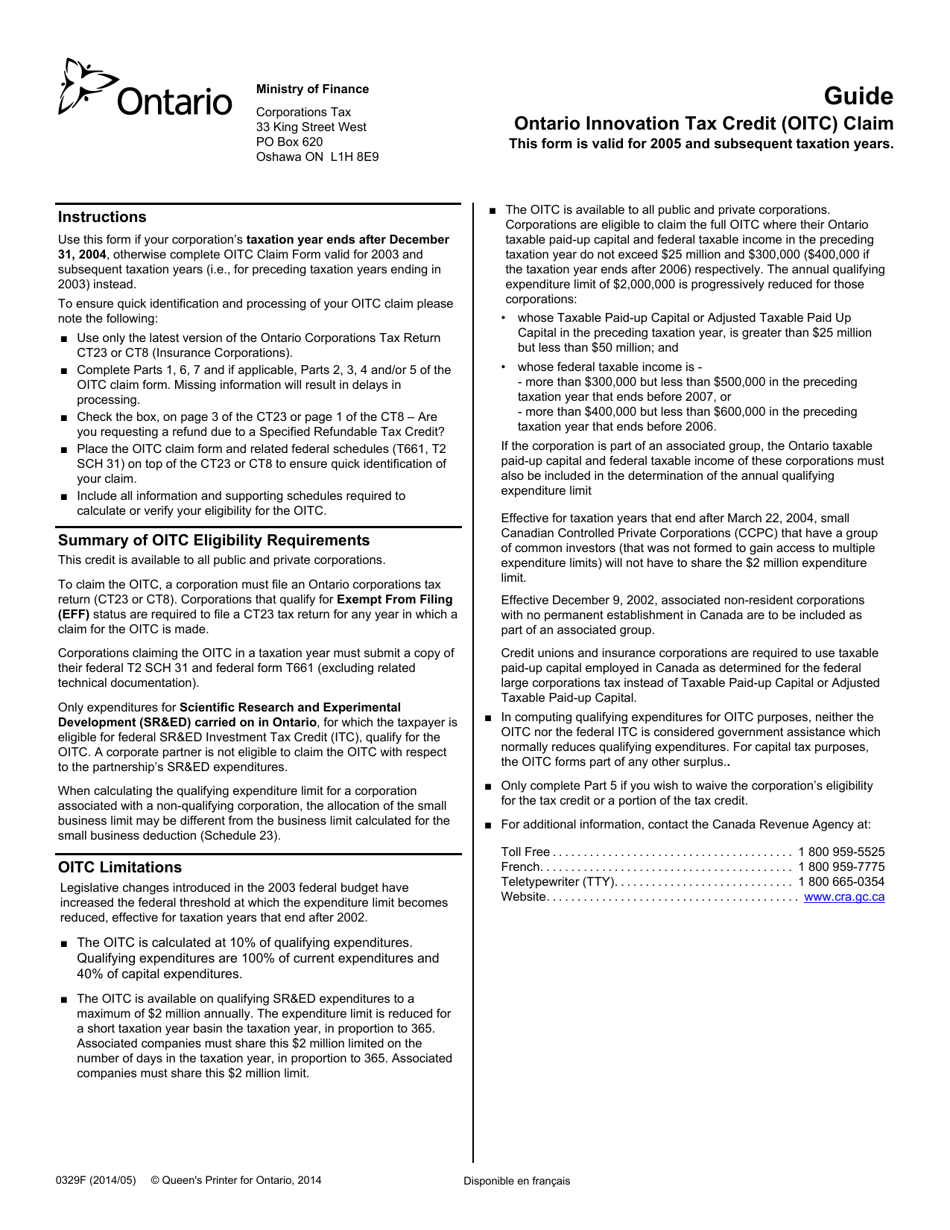 Form 0329F Ontario Innovation Tax Credit (Oitc) Claim - Ontario, Canada, Page 1