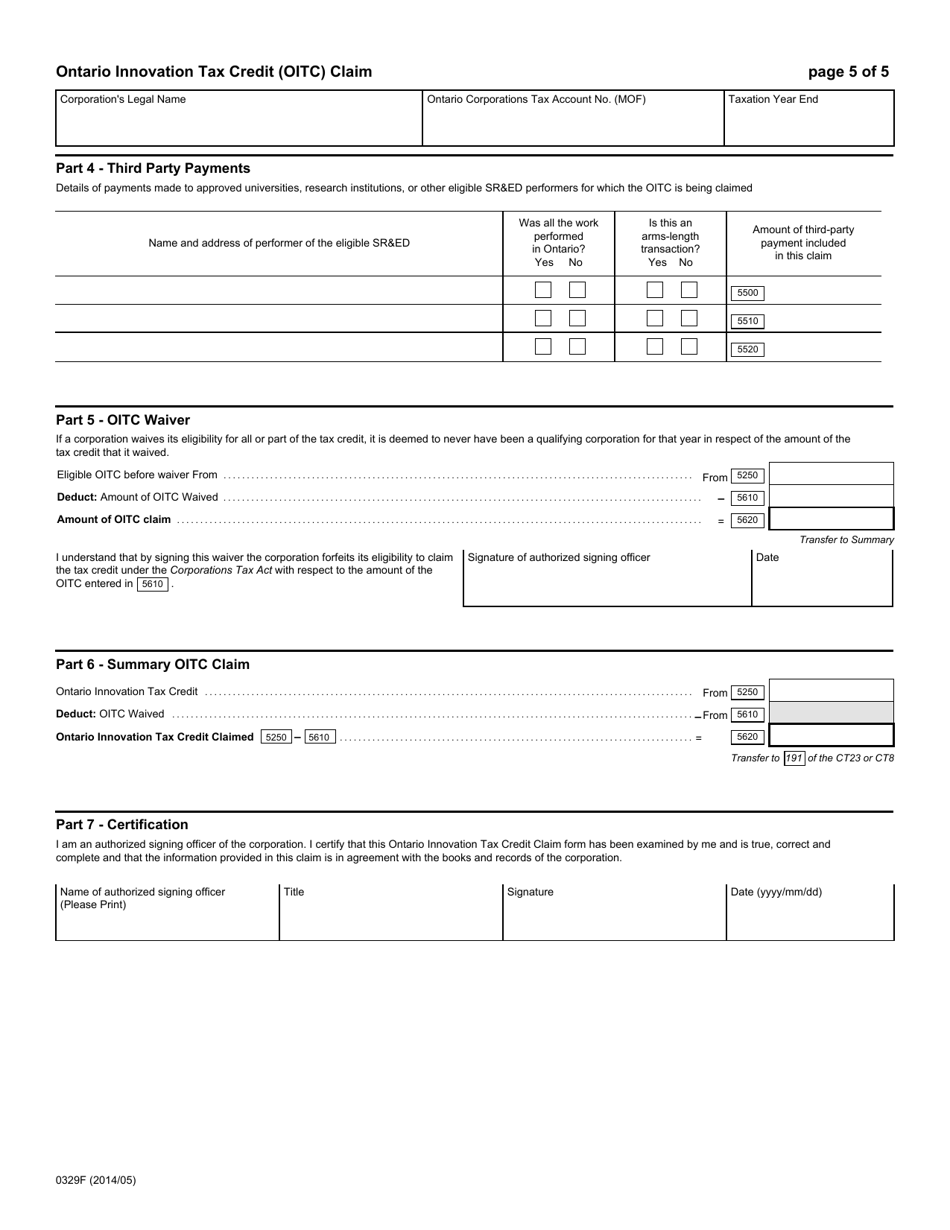 Form 0329F Ontario Innovation Tax Credit (Oitc) Claim - Ontario, Canada, Page 6