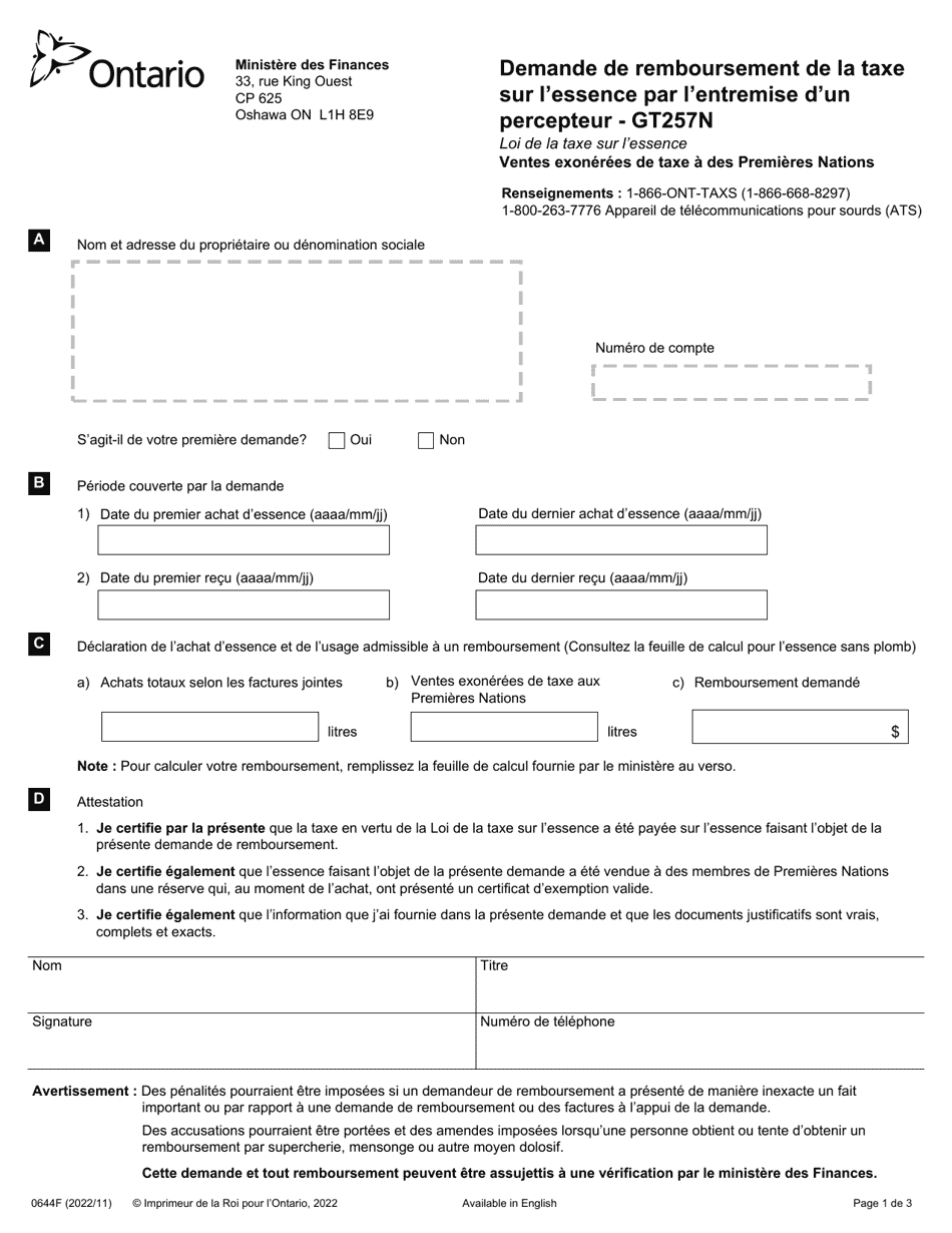 Forme GT257N (0644F) Demande De Remboursement De La Taxe Sur Lessence Par Lentremise Dun Percepteur - Ontario, Canada (French), Page 1