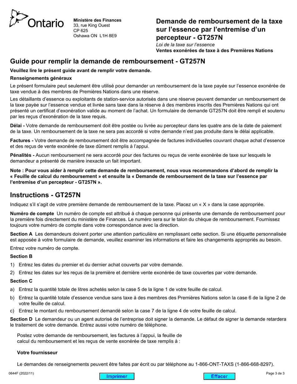 Forme GT257N (0644F) Demande De Remboursement De La Taxe Sur Lessence Par Lentremise Dun Percepteur - Ontario, Canada (French), Page 3