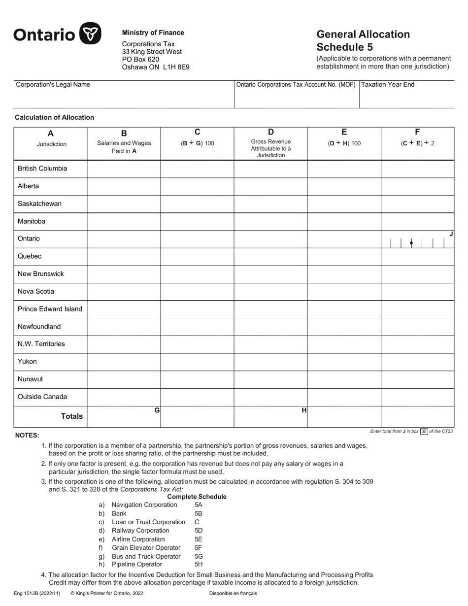 Form 1513B Schedule 5 General Allocation Schedule - Ontario, Canada, Page 1