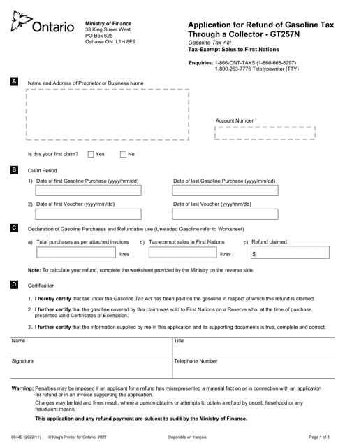 Form GT257N (0644E) Application for Refund of Gasoline Tax Through a Collector - Ontario, Canada