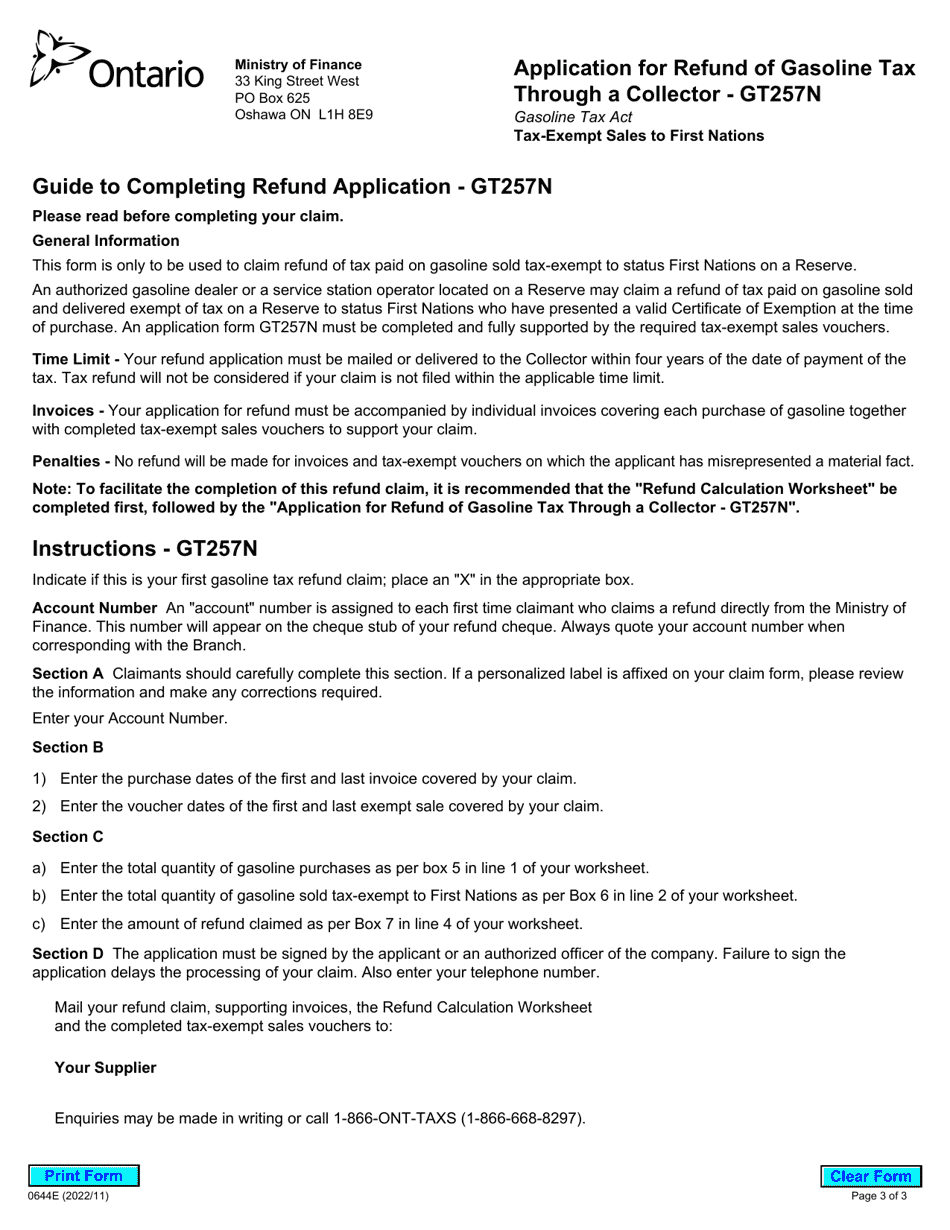 Form GT257N (0644E) Application for Refund of Gasoline Tax Through a Collector - Ontario, Canada, Page 3