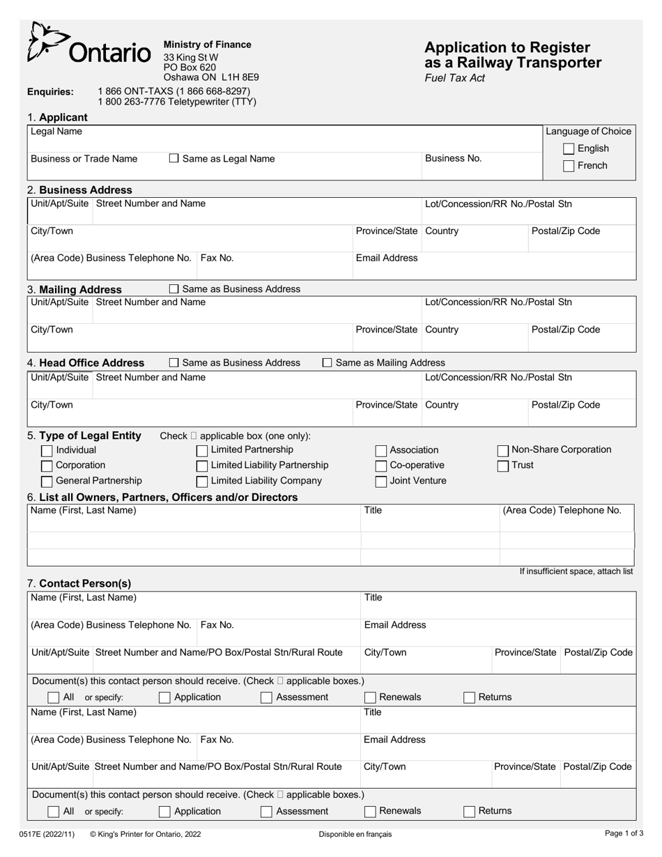 Form 0517E Application to Register as a Railway Transporter - Ontario, Canada, Page 1