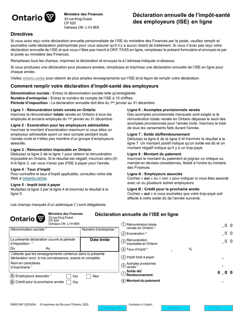Forme ON00150F Declaration Annuelle De L'impot-Sante DES Employeurs (Ise) En Ligne - Ontario, Canada (French)