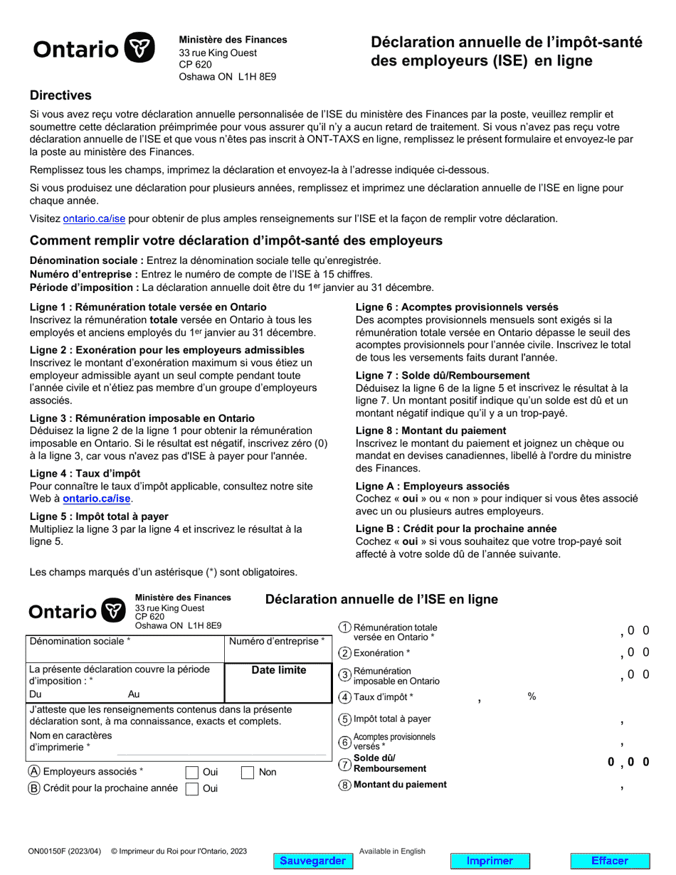 Forme ON00150F Declaration Annuelle De Limpot-Sante DES Employeurs (Ise) En Ligne - Ontario, Canada (French), Page 1