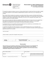 Document preview: Forme 0146F Renonciation Au Delai D'etablissement De Nouvelles Cotisations - Ontario, Canada (French)