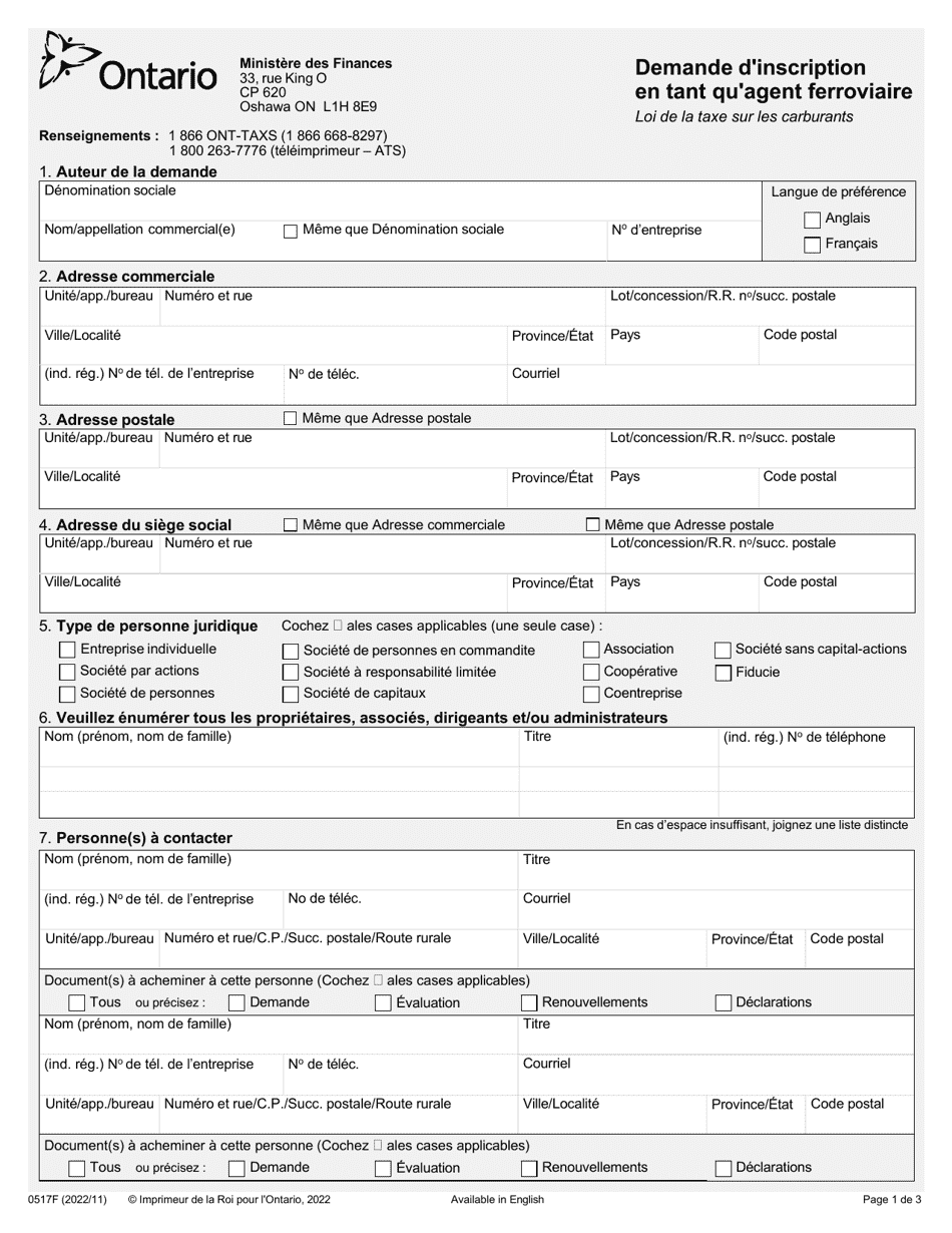Forme 0517F Demande Dinscription En Tant Quagent Ferroviaire - Ontario, Canada (French), Page 1