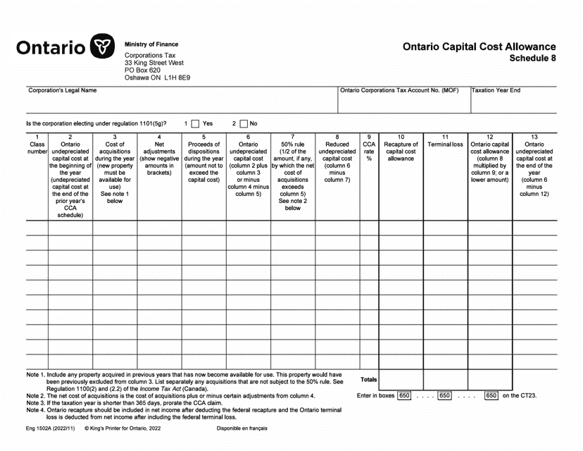 Form 1502A Schedule 8 Ontario Capital Cost Allowance - Ontario, Canada