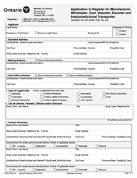 Form 0504E Application to Register for Manufacturer, Wholesaler, Dyer, Importer, Exporter and Interjurisdictional Transporter - Ontario, Canada