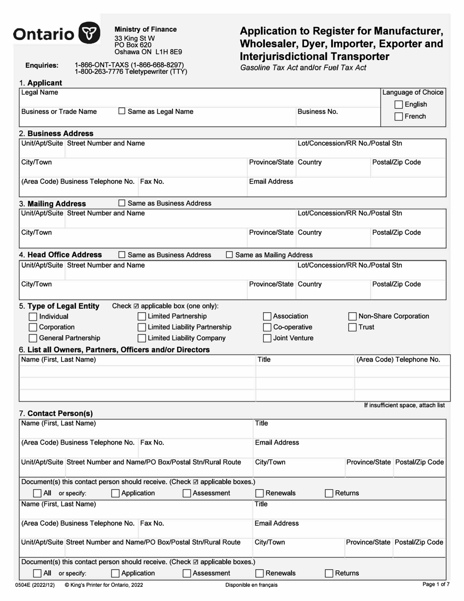 Form 0504E Application to Register for Manufacturer, Wholesaler, Dyer, Importer, Exporter and Interjurisdictional Transporter - Ontario, Canada, Page 1