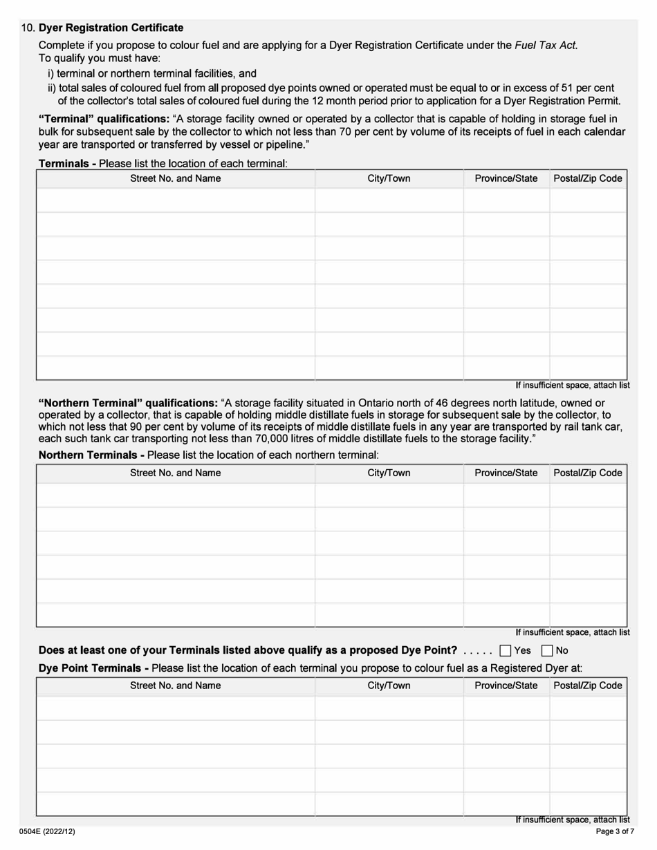 Form 0504E Application to Register for Manufacturer, Wholesaler, Dyer, Importer, Exporter and Interjurisdictional Transporter - Ontario, Canada, Page 3