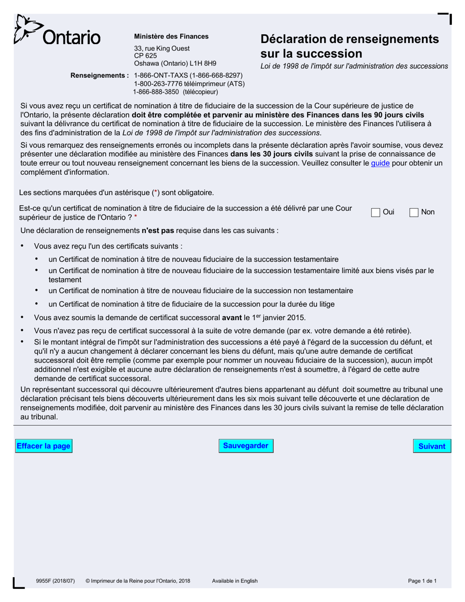 Forme 9955F Declaration De Renseignements Sur La Succession - up to December 31, 2019 - Ontario, Canada (French), Page 1