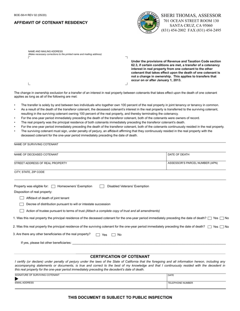 Form BOE-58-H Affidavit of Cotenant Residency - Santa Cruz County, California