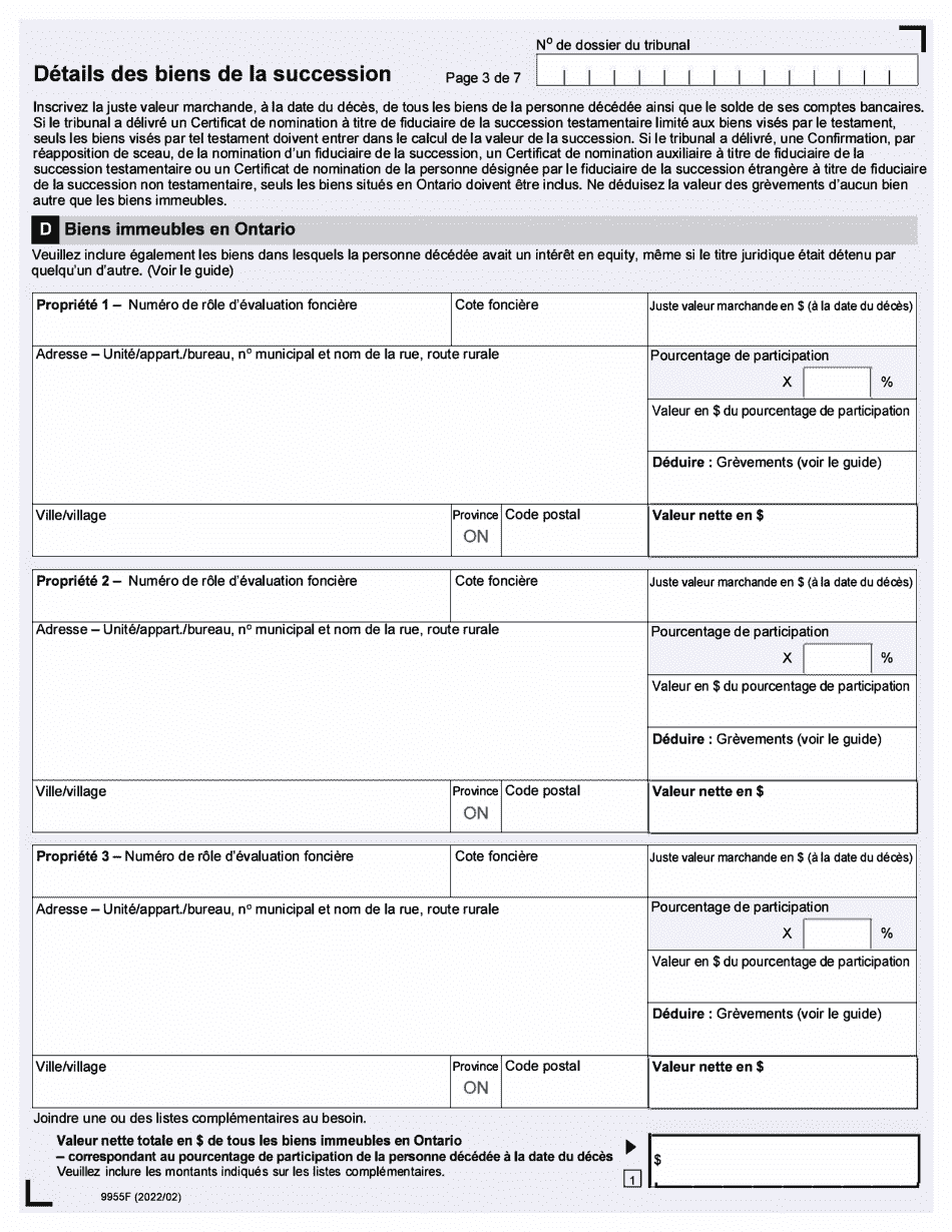 Forme 9955F Declaration De Renseignements Sur La Succession - up to December 31, 2019 - Ontario, Canada (French), Page 3
