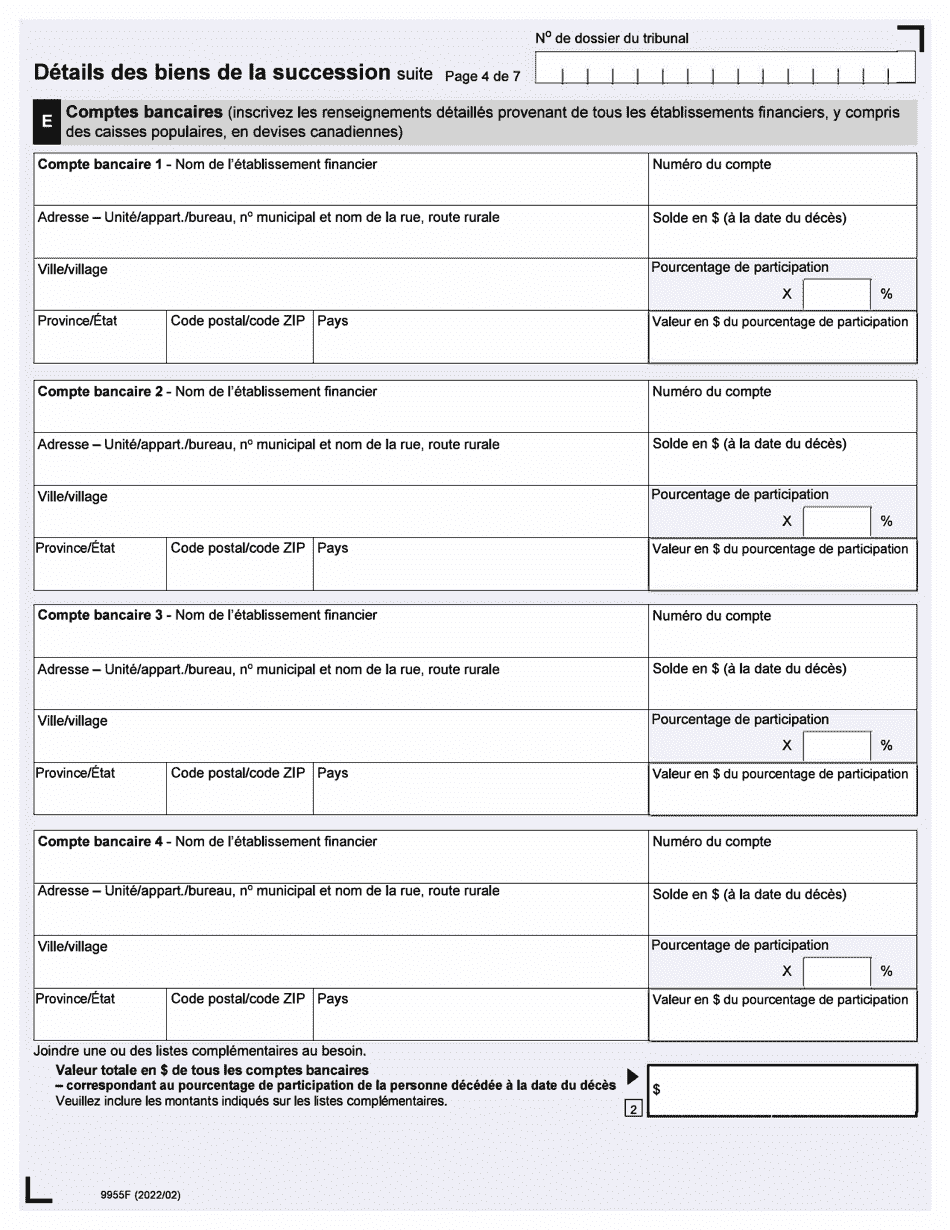 Forme 9955F Declaration De Renseignements Sur La Succession - up to December 31, 2019 - Ontario, Canada (French), Page 4