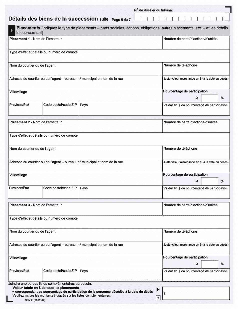 Forme 9955F Declaration De Renseignements Sur La Succession - up to December 31, 2019 - Ontario, Canada (French), Page 5