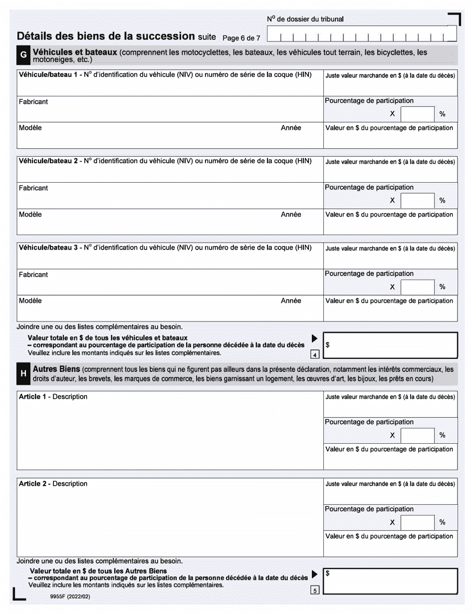 Forme 9955F Declaration De Renseignements Sur La Succession - up to December 31, 2019 - Ontario, Canada (French), Page 6