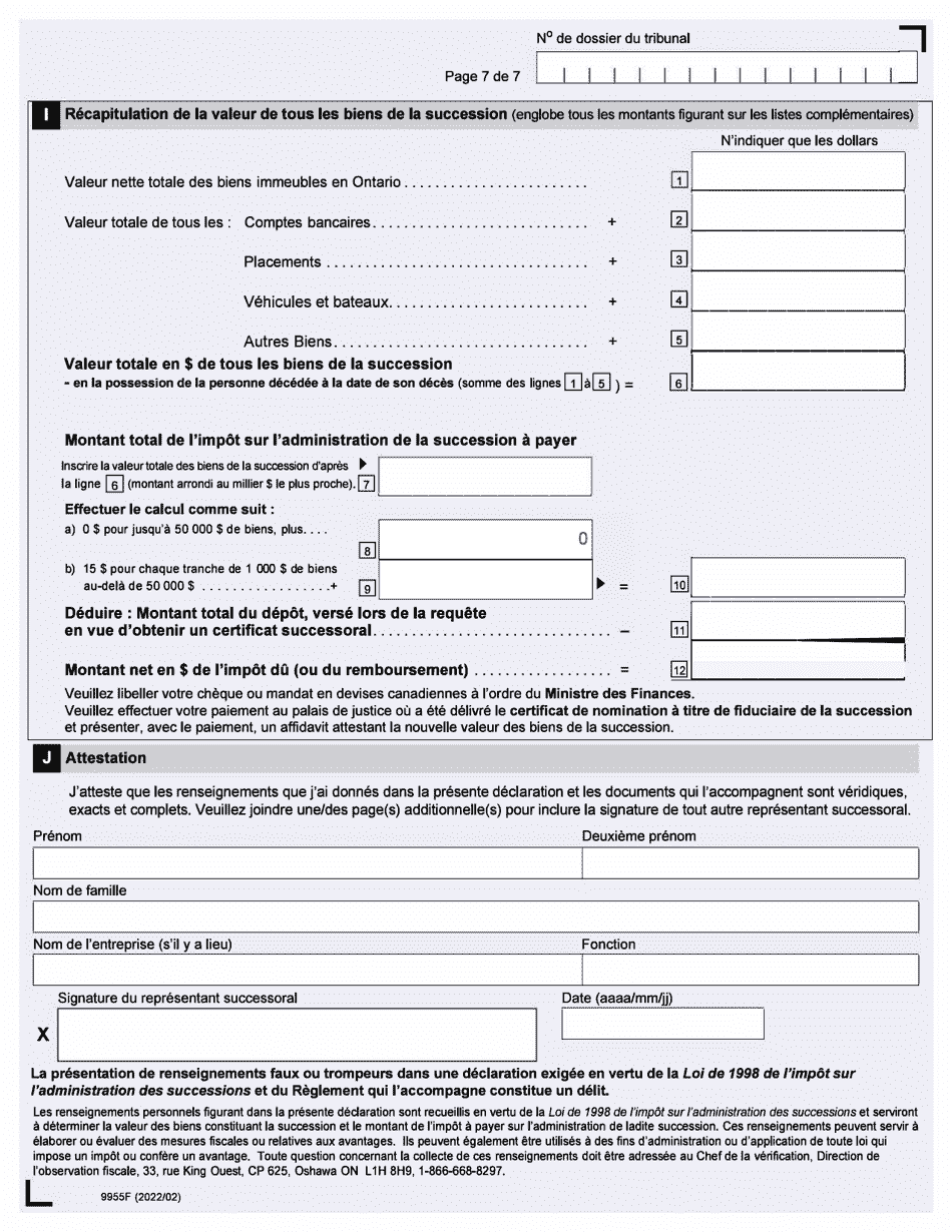 Forme 9955F Declaration De Renseignements Sur La Succession - up to December 31, 2019 - Ontario, Canada (French), Page 7