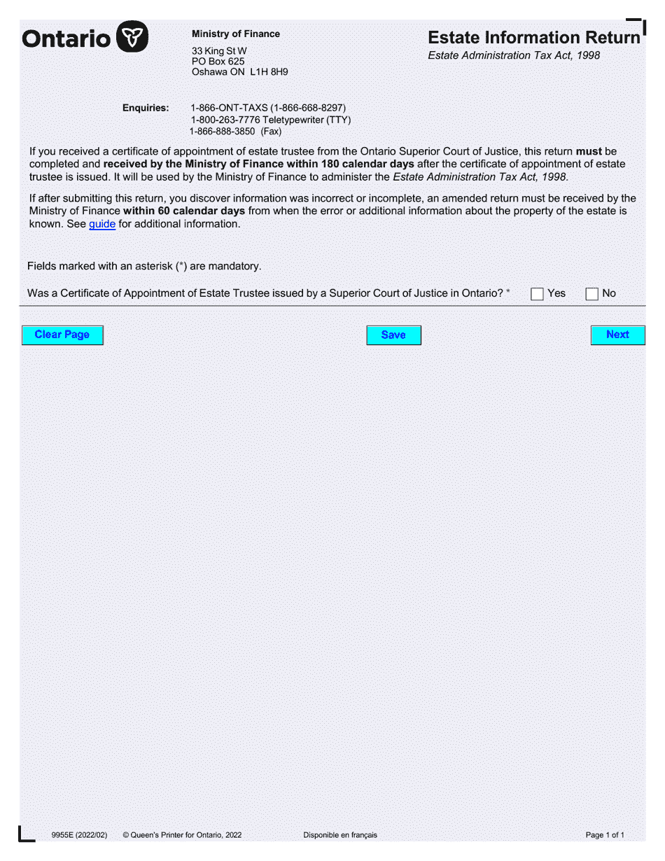 Form 9955E Estate Information Return (Online Submission) - up to December 31, 2019 - Ontario, Canada, Page 1