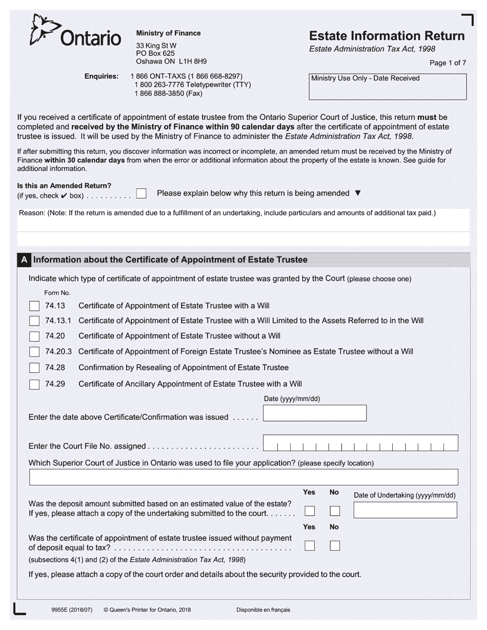Form 9955E Estate Information Return - up to December 31, 2019 - Ontario, Canada, Page 1