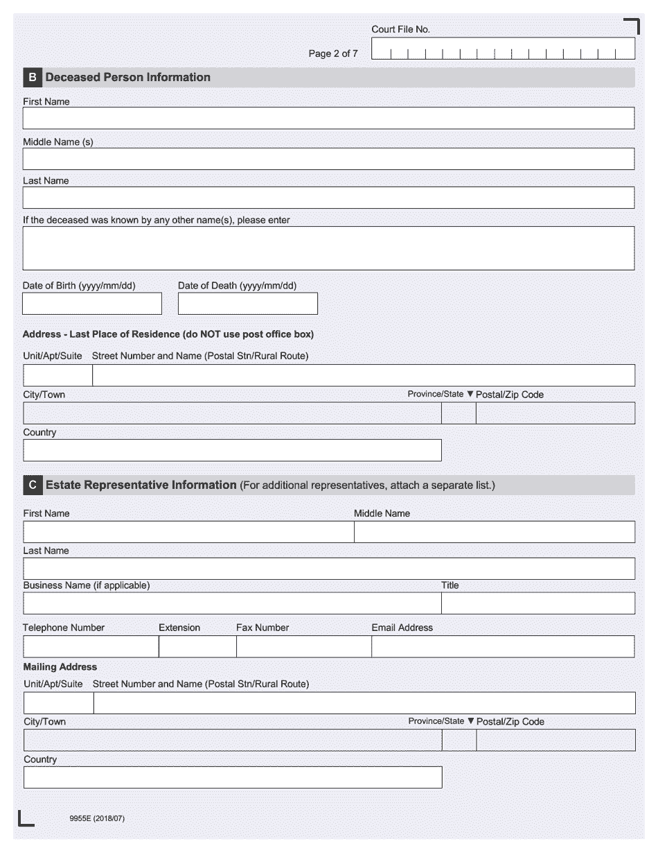 Form 9955E Estate Information Return - up to December 31, 2019 - Ontario, Canada, Page 2