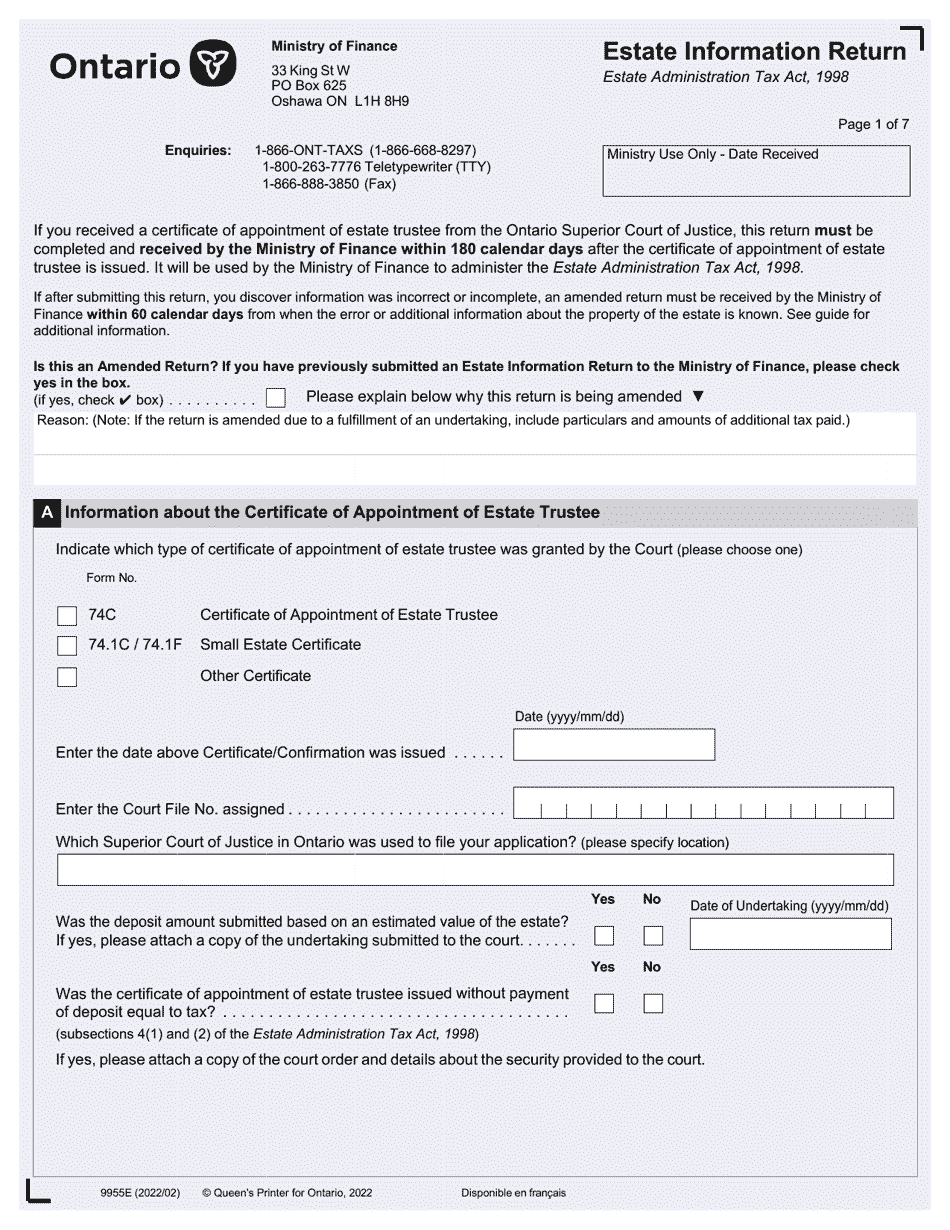 Form 9955E Estate Information Return - After January 1, 2020 - Ontario, Canada, Page 1