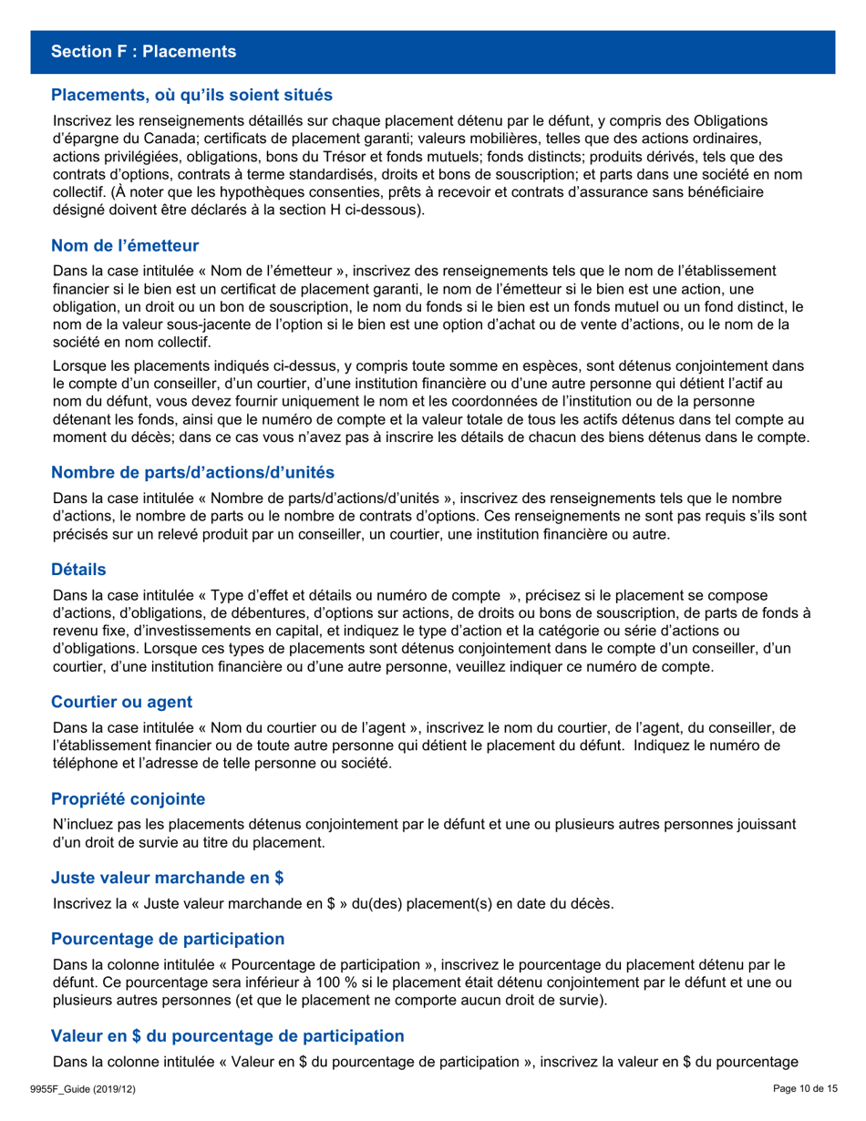 Instruction pour Forme 9955F Declaration De Renseignements Sur La Succession - Ontario, Canada (French), Page 10