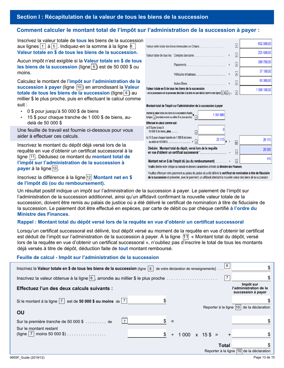 Instruction pour Forme 9955F Declaration De Renseignements Sur La Succession - Ontario, Canada (French), Page 13