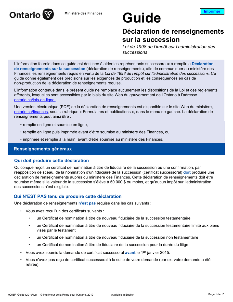 Instruction pour Forme 9955F Declaration De Renseignements Sur La Succession - Ontario, Canada (French), Page 1