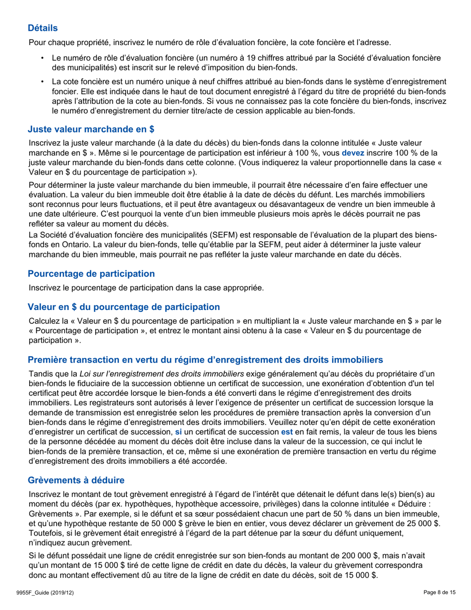 Instruction pour Forme 9955F Declaration De Renseignements Sur La Succession - Ontario, Canada (French), Page 8