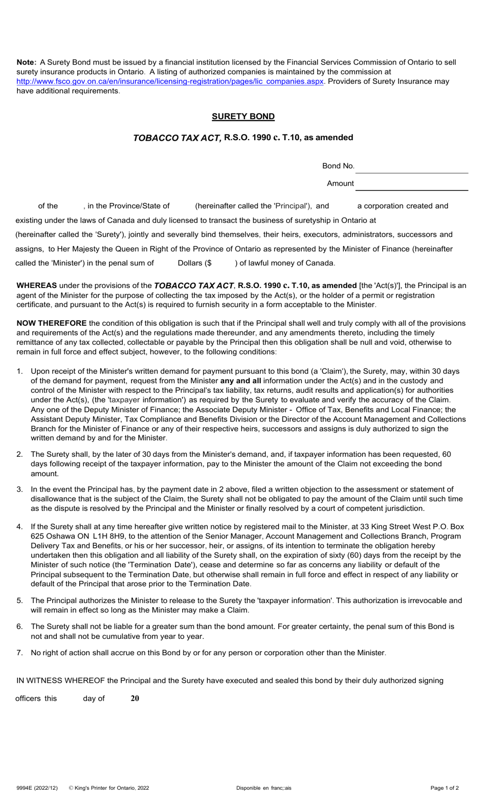Form 9994E Fill Out, Sign Online and Download Fillable PDF, Ontario