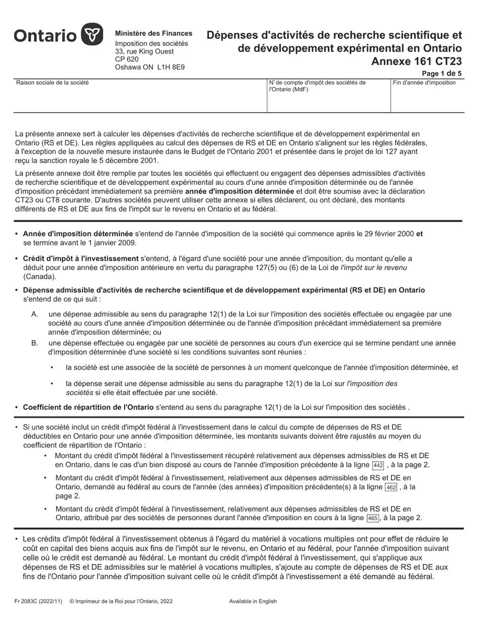 Forme 2083C Agenda 161 Depenses Dactivites De Recherche Scientifique Et De Developpement Experimental En Ontario - Ontario, Canada (French), Page 1