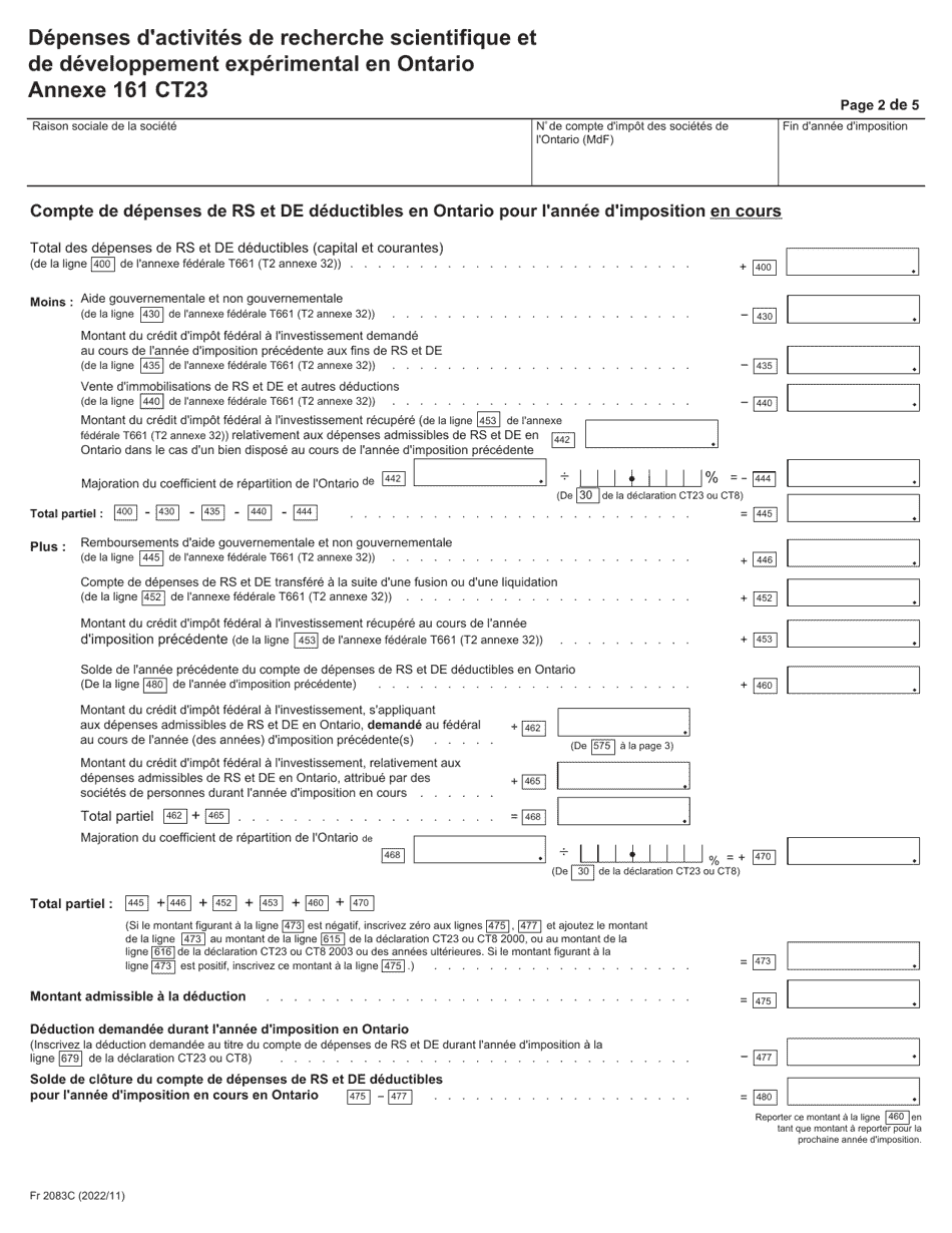 Forme 2083C Agenda 161 Depenses Dactivites De Recherche Scientifique Et De Developpement Experimental En Ontario - Ontario, Canada (French), Page 2