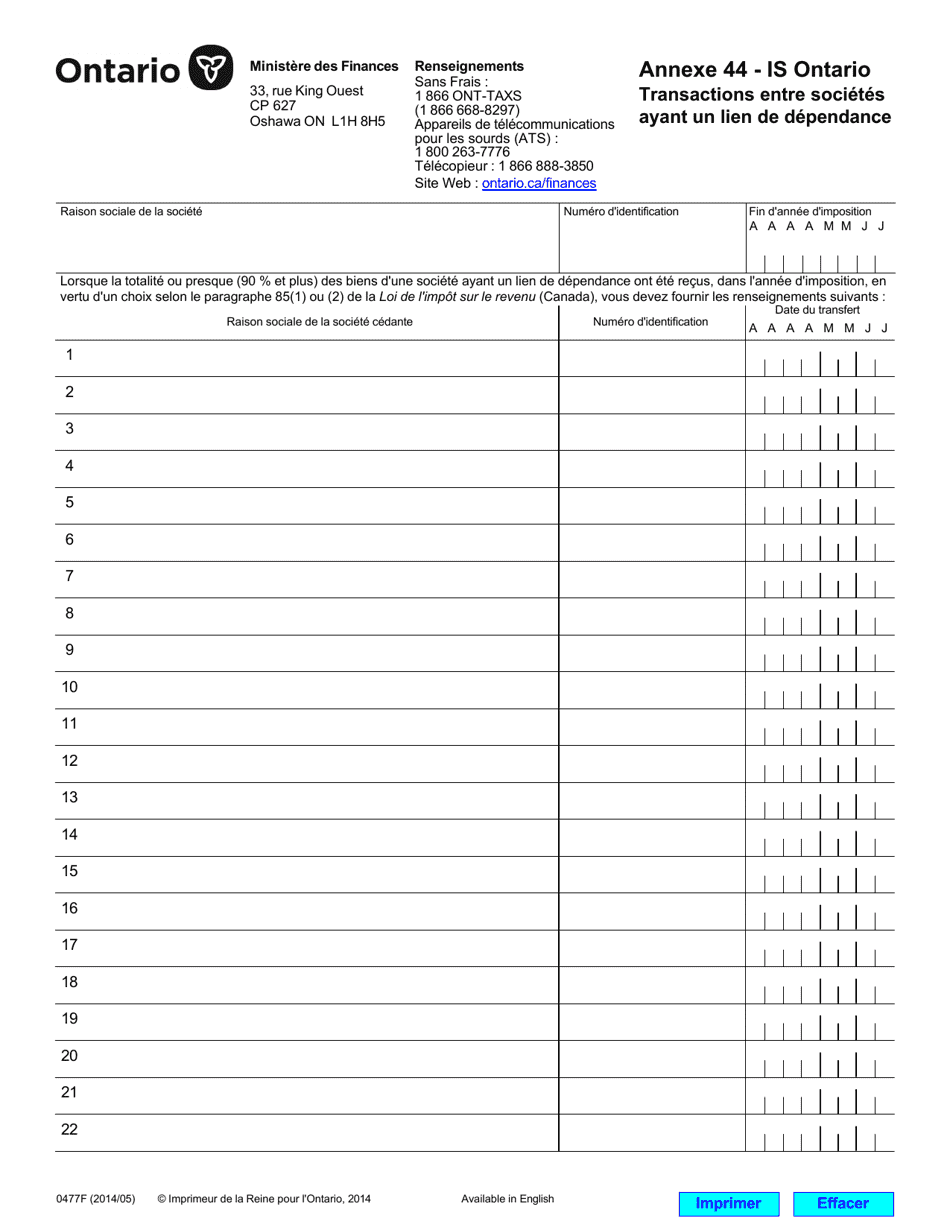 Forme 0477F Agenda 44 Transactions Entre Societes Ayant Un Lien De Dependance - Ontario, Canada (French), Page 1