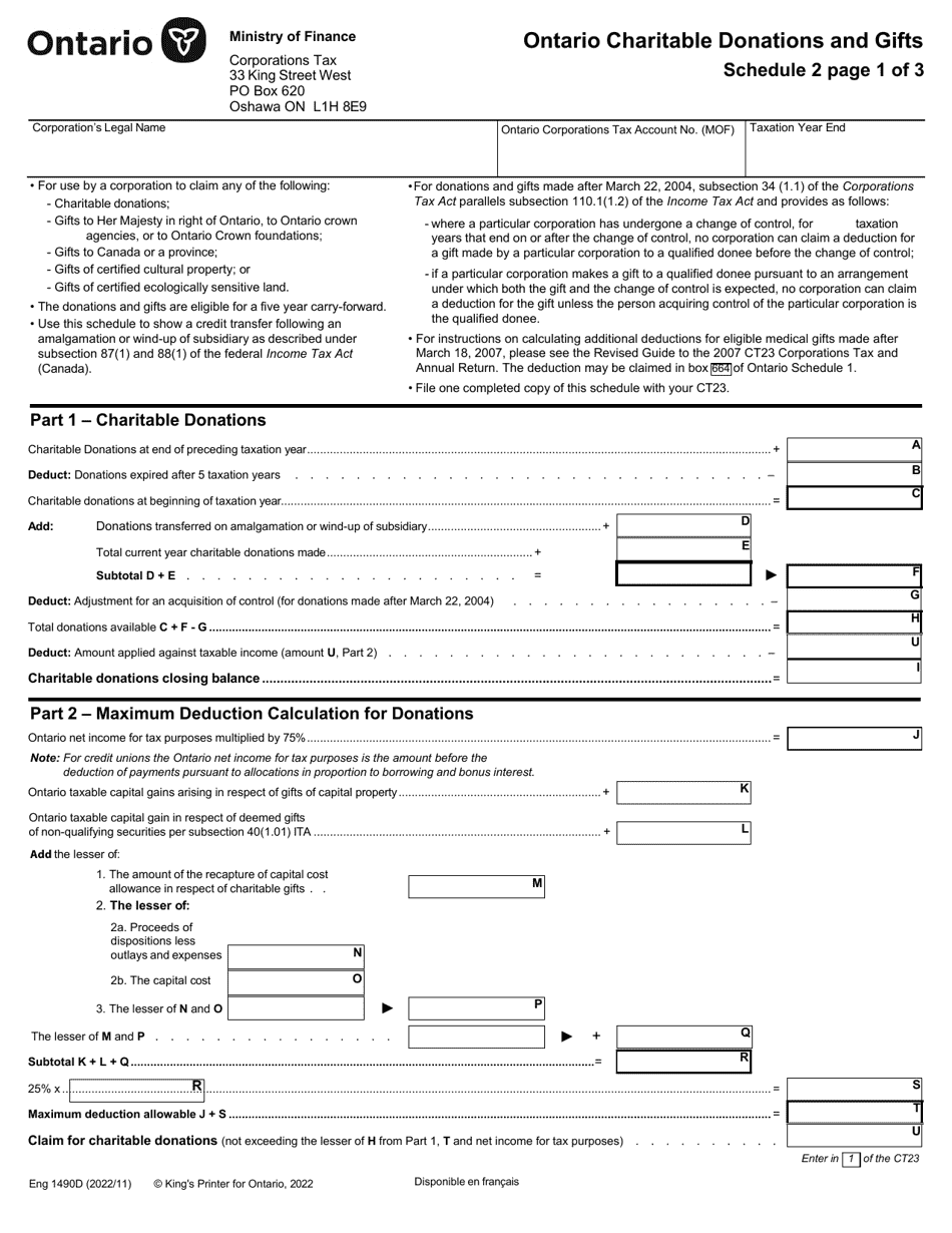 Form 1490D Schedule 2 Ontario Charitable Donations and Gifts - Ontario, Canada, Page 1