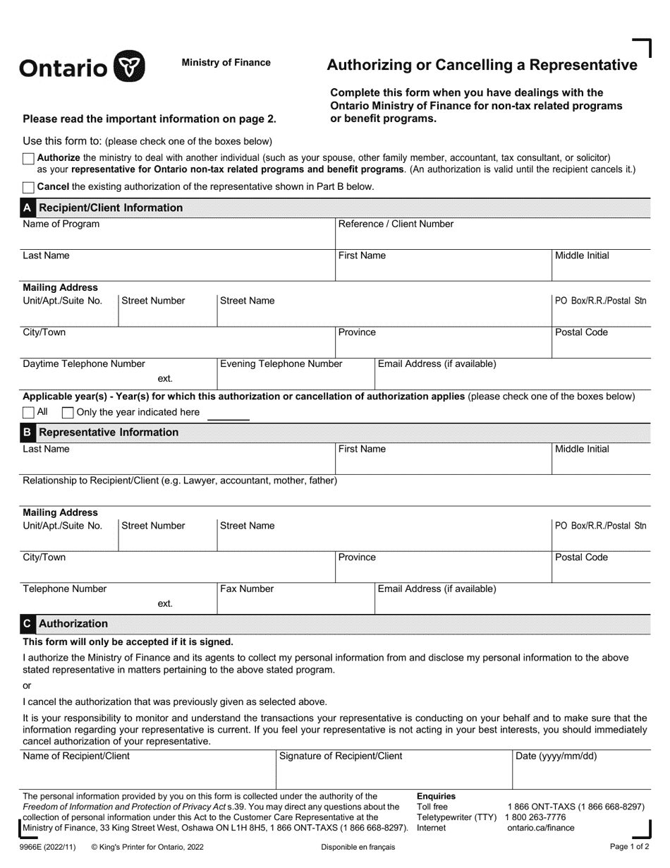 Form 9966E Authorizing or Cancelling a Representative - Ontario, Canada, Page 1