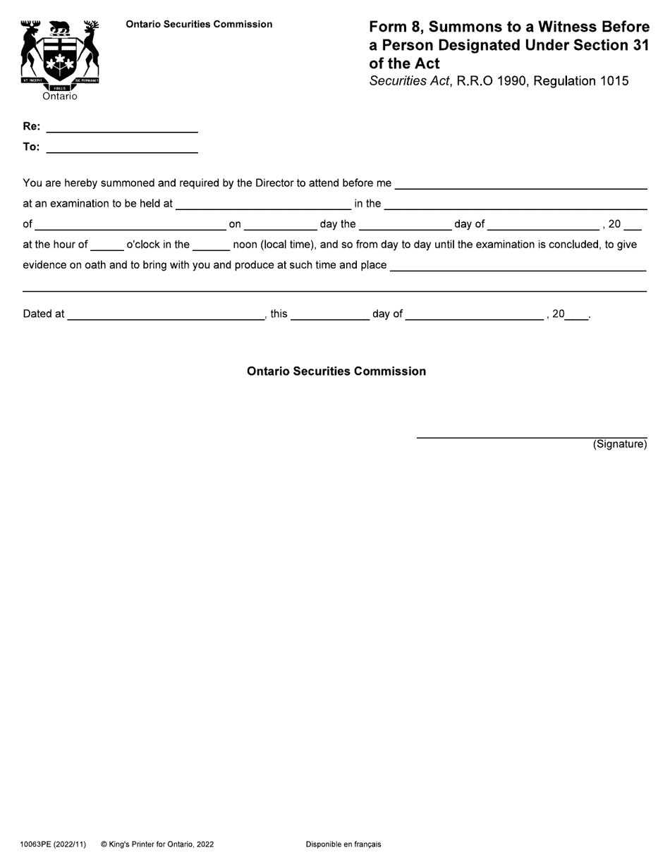 Form 10063PE Summons to a Witness Before a Person Designated Under Section 31 of the Act - Ontario, Canada, Page 1