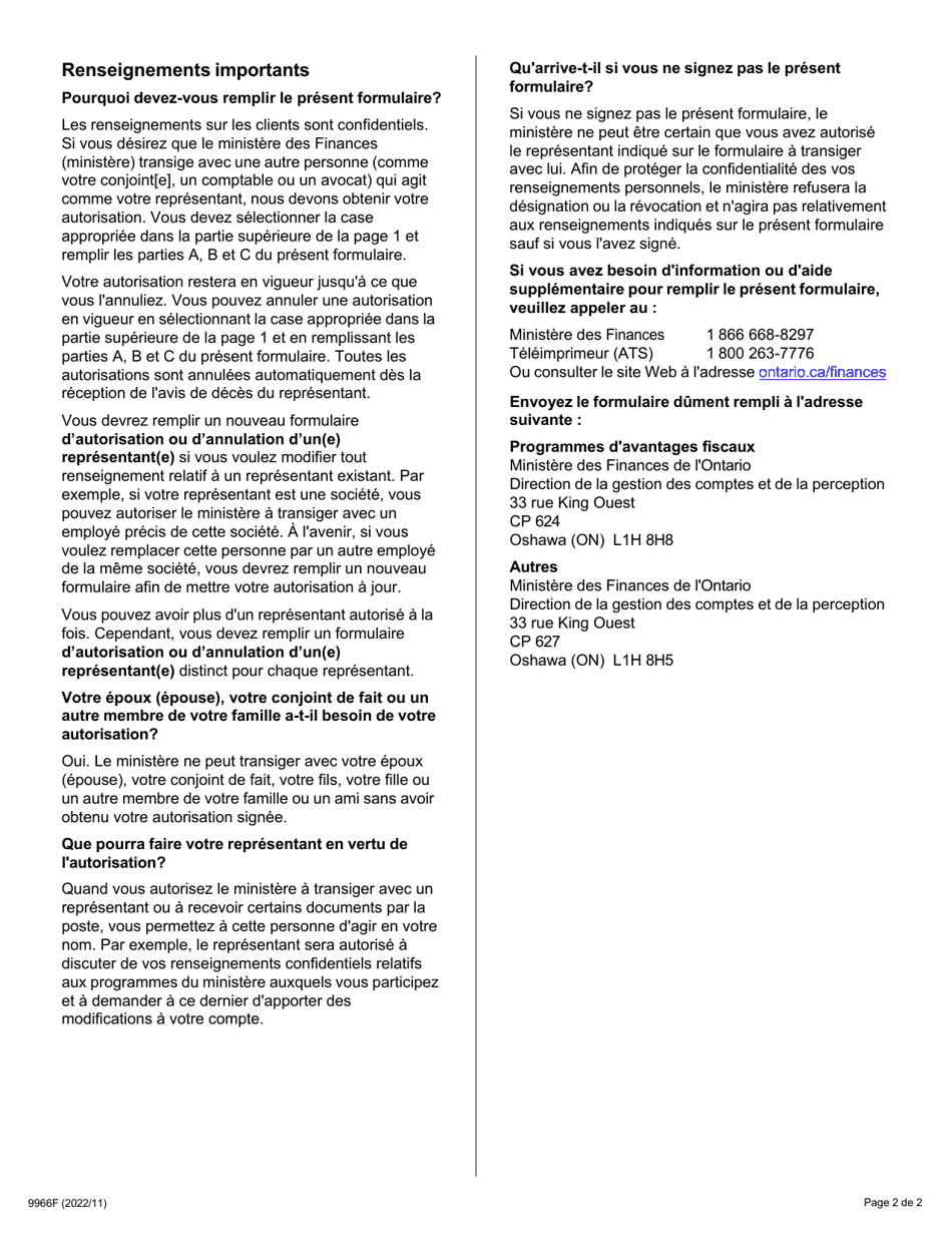 Forme 9966F Autorisation Ou Annulation Dun(E) Representant(E) - Ontario, Canada (French), Page 2