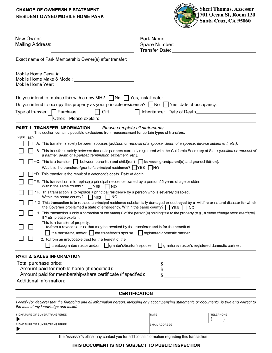 California Change Of Ownership Statement - Resident Owned Mobile Home ...