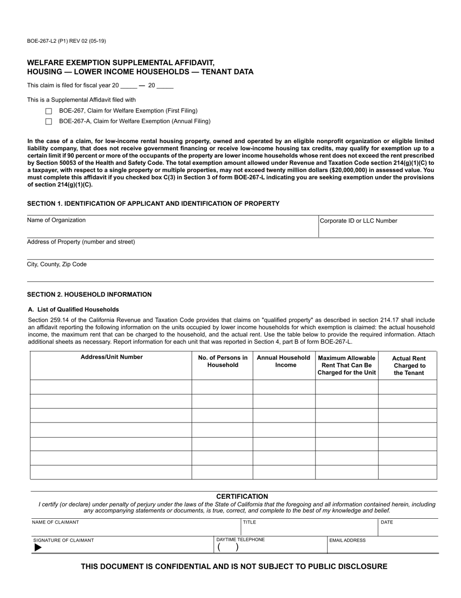 Form BOE-267-L2 Welfare Exemption Supplemental Affidavit, Housing - Lower Income Households - Tenant Data - California, Page 1