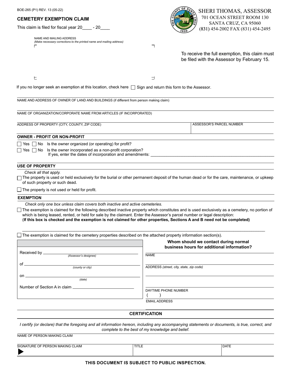 Form BOE-265 Cemetery Exemption Claim - Santa Cruz County, California, Page 1