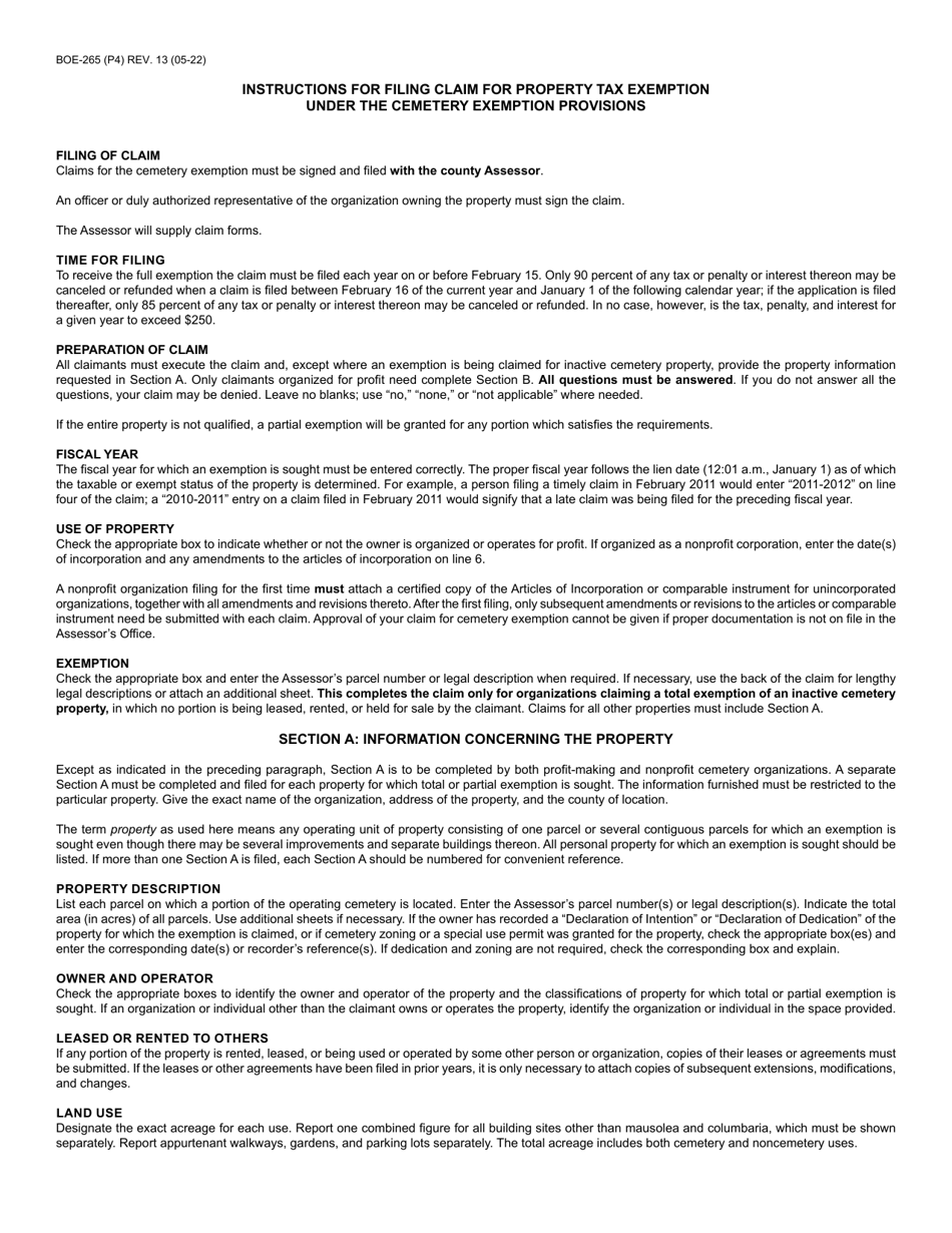 Form BOE-265 Cemetery Exemption Claim - Santa Cruz County, California, Page 4