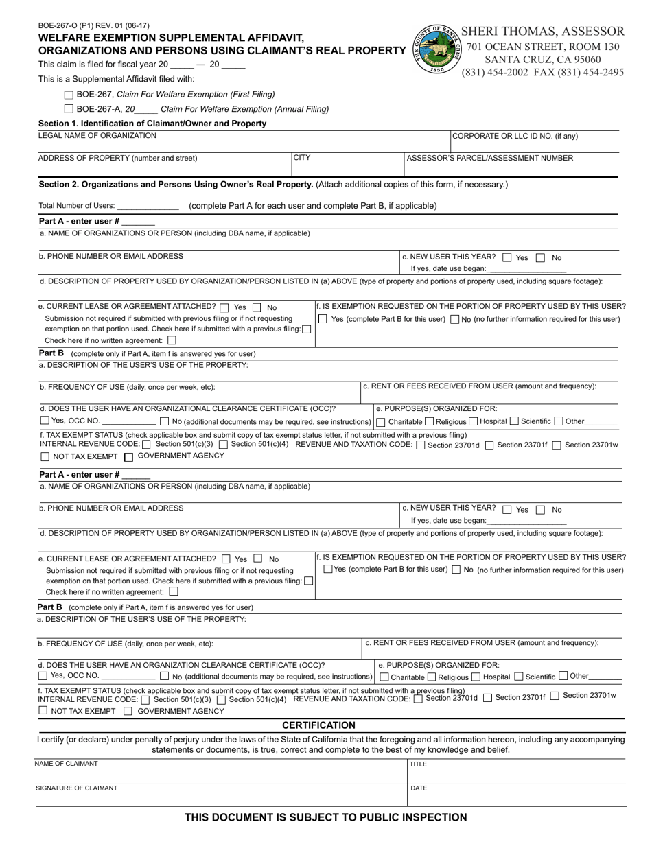 Form BOE-267-O Welfare Exemption Supplemental Affidavit, Organizations and Persons Using Claimants Real Property - Santa Cruz County, California, Page 1